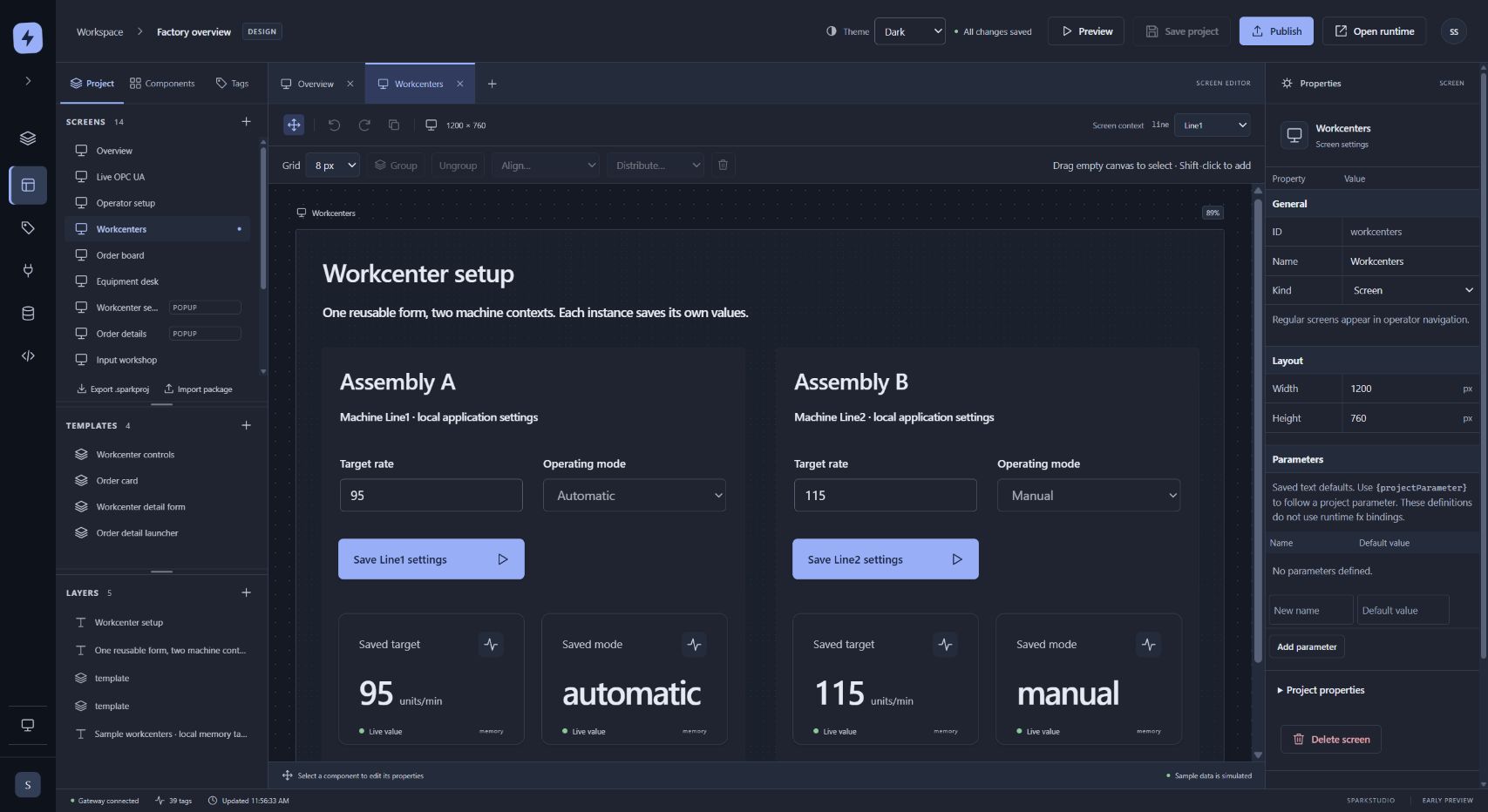 SparkStudio Designer with reusable workcenter forms on a fixed canvas, Screens, Templates and Layers lists, and a screen property sheet.
