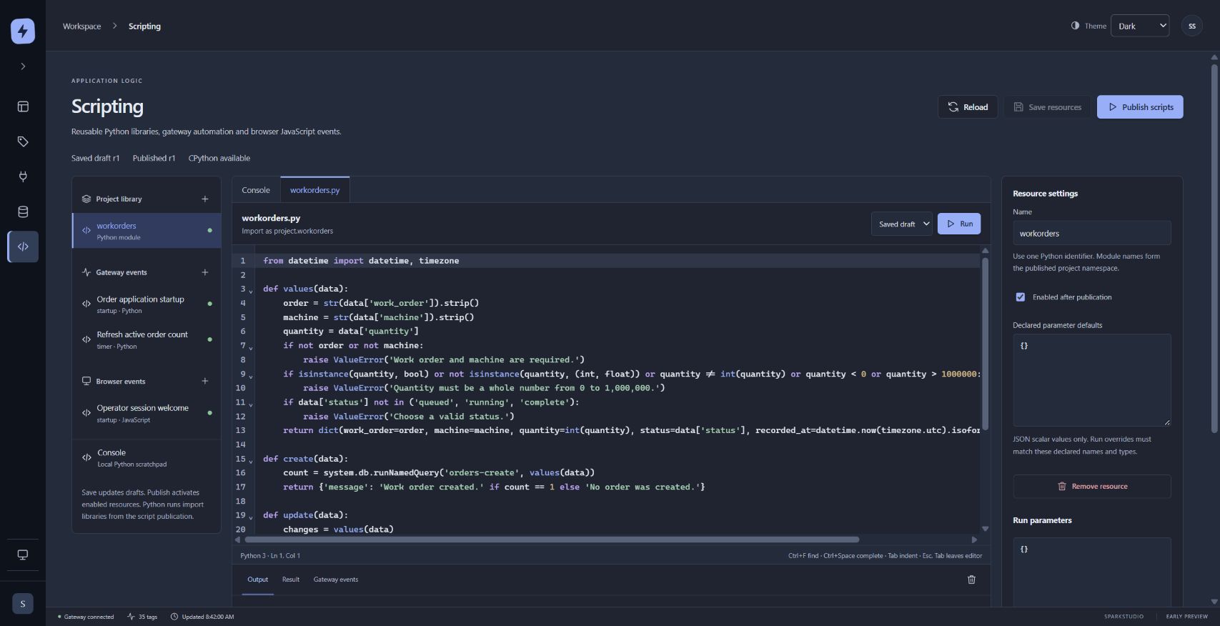 SparkStudio scripting workspace showing a Python work-order library, gateway events and browser events.