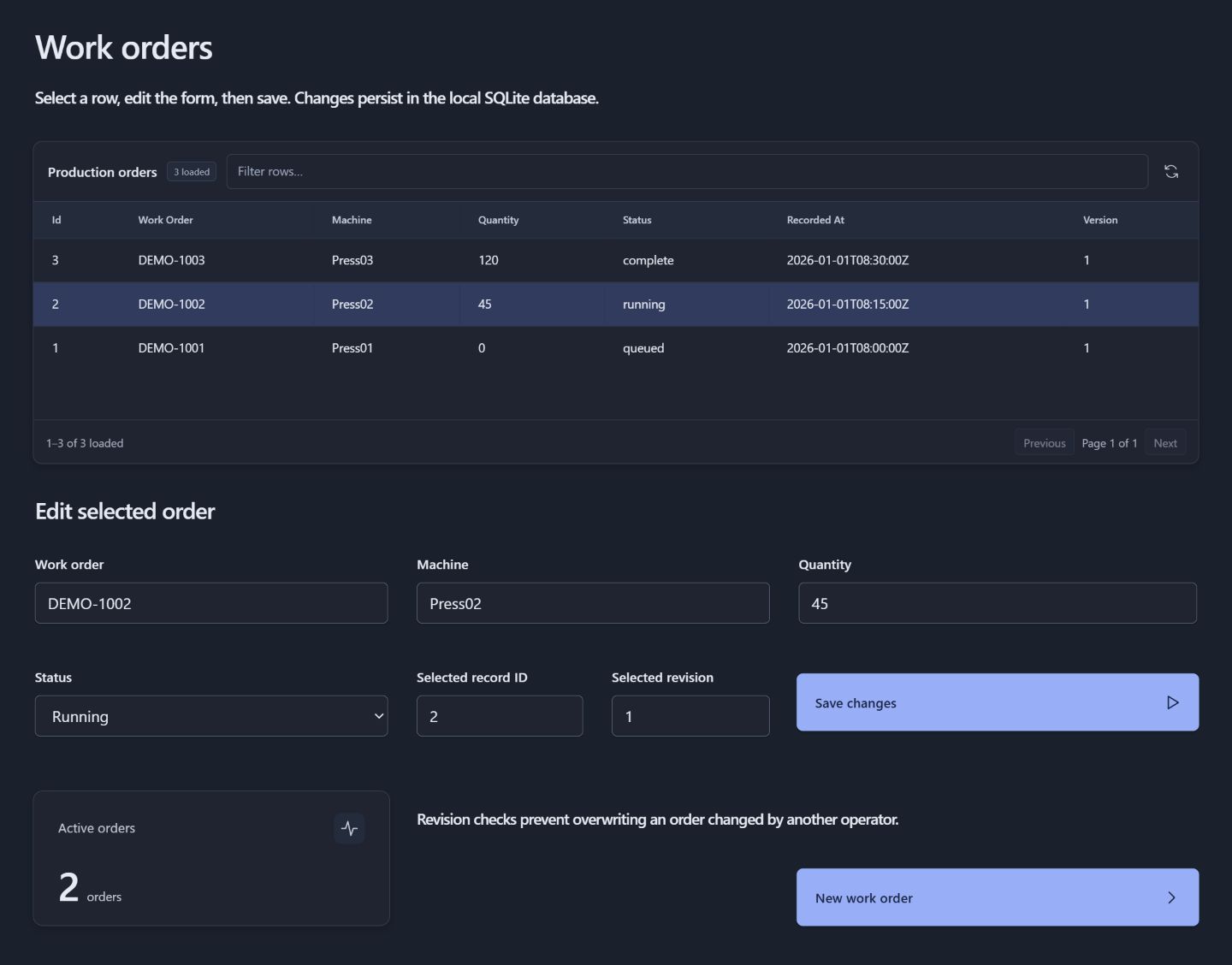 SparkStudio sample work-order table with a selected production record and an editable form backed by SQLite.